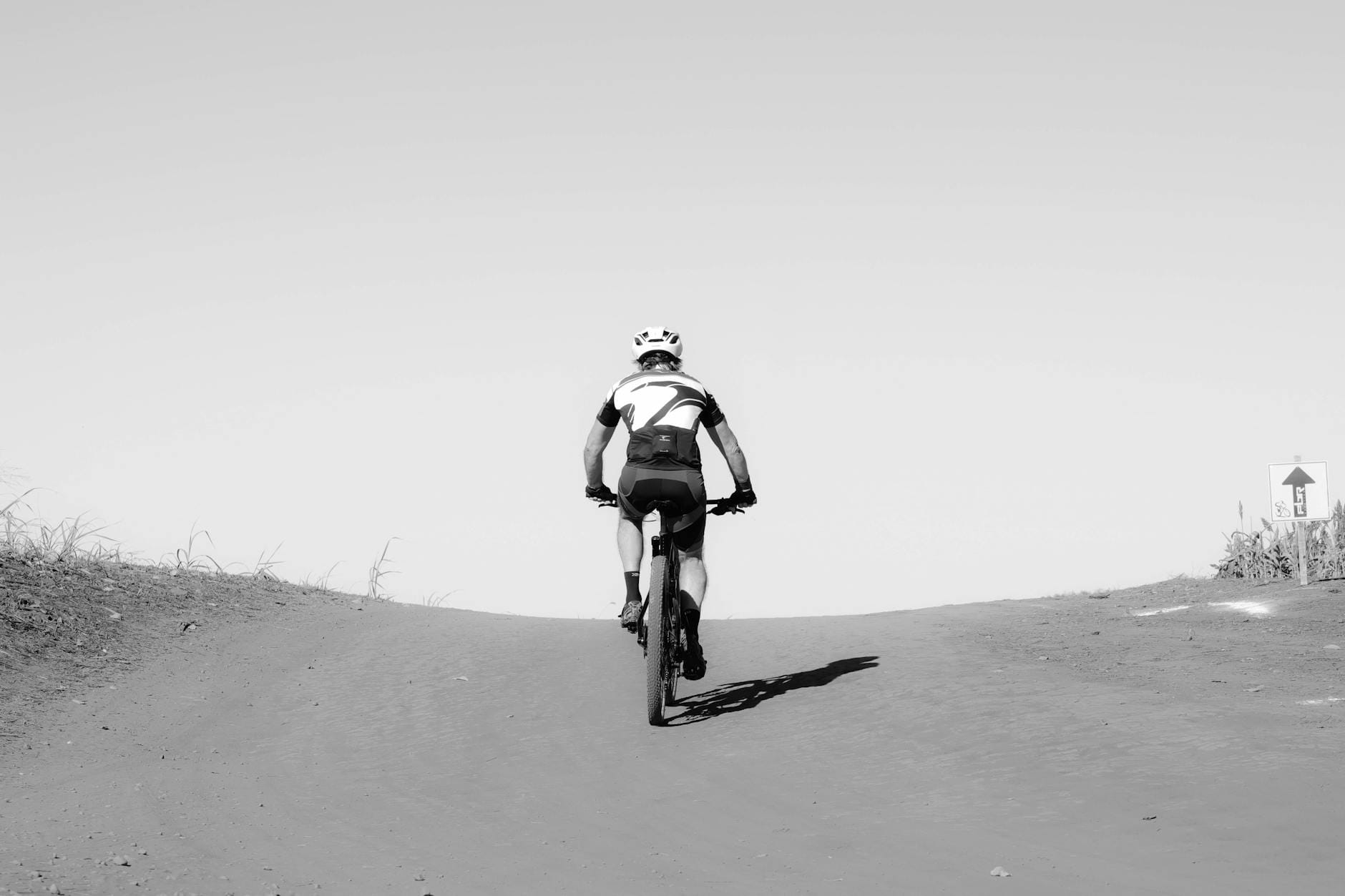 Rowerzysta podjeżdża leśną, piaszczystą drogą w słoneczny dzień